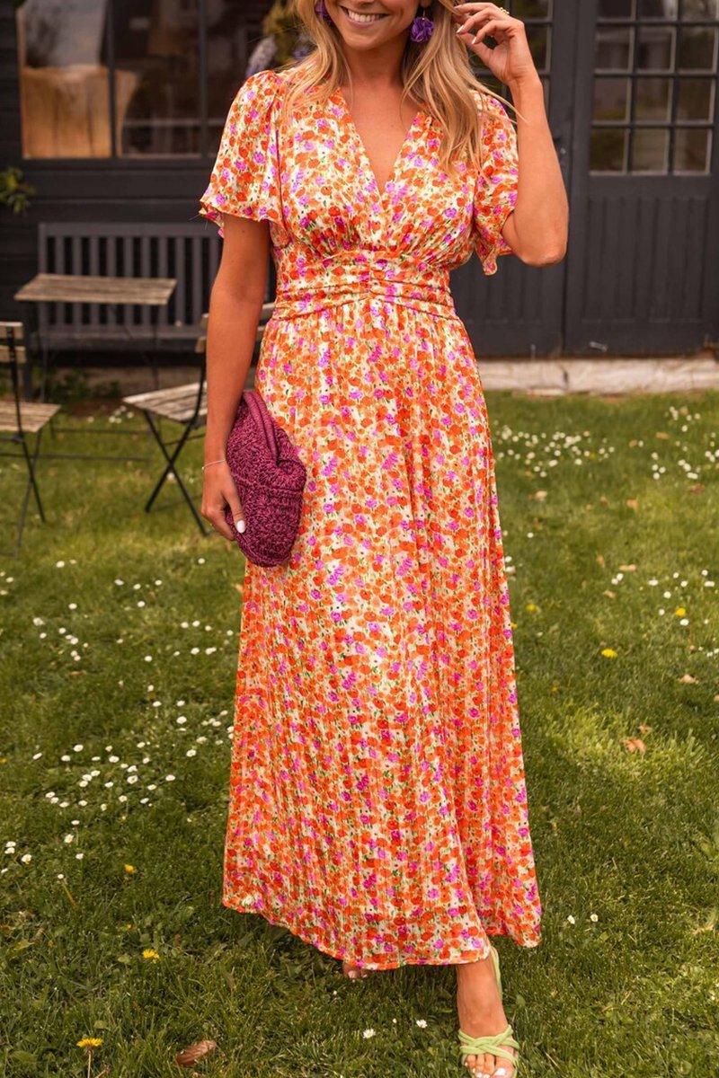 Elegant V-neck floral maxi dress for women, perfect for summer parties or daytime events.