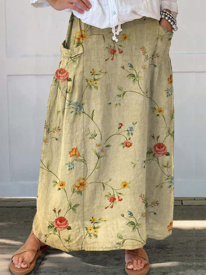 Women's retro floral midi skirt with elastic waist & pockets. Vintage style for casual elegant fashion.
