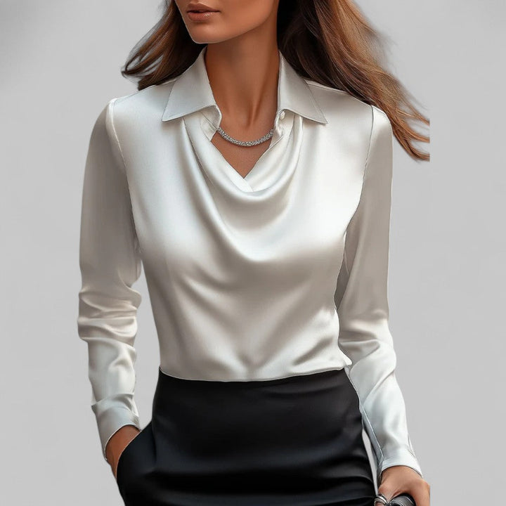 Sophisticated ladies' long sleeve satin blouse featuring an elegant waterfall neckline for smart occasion wear.