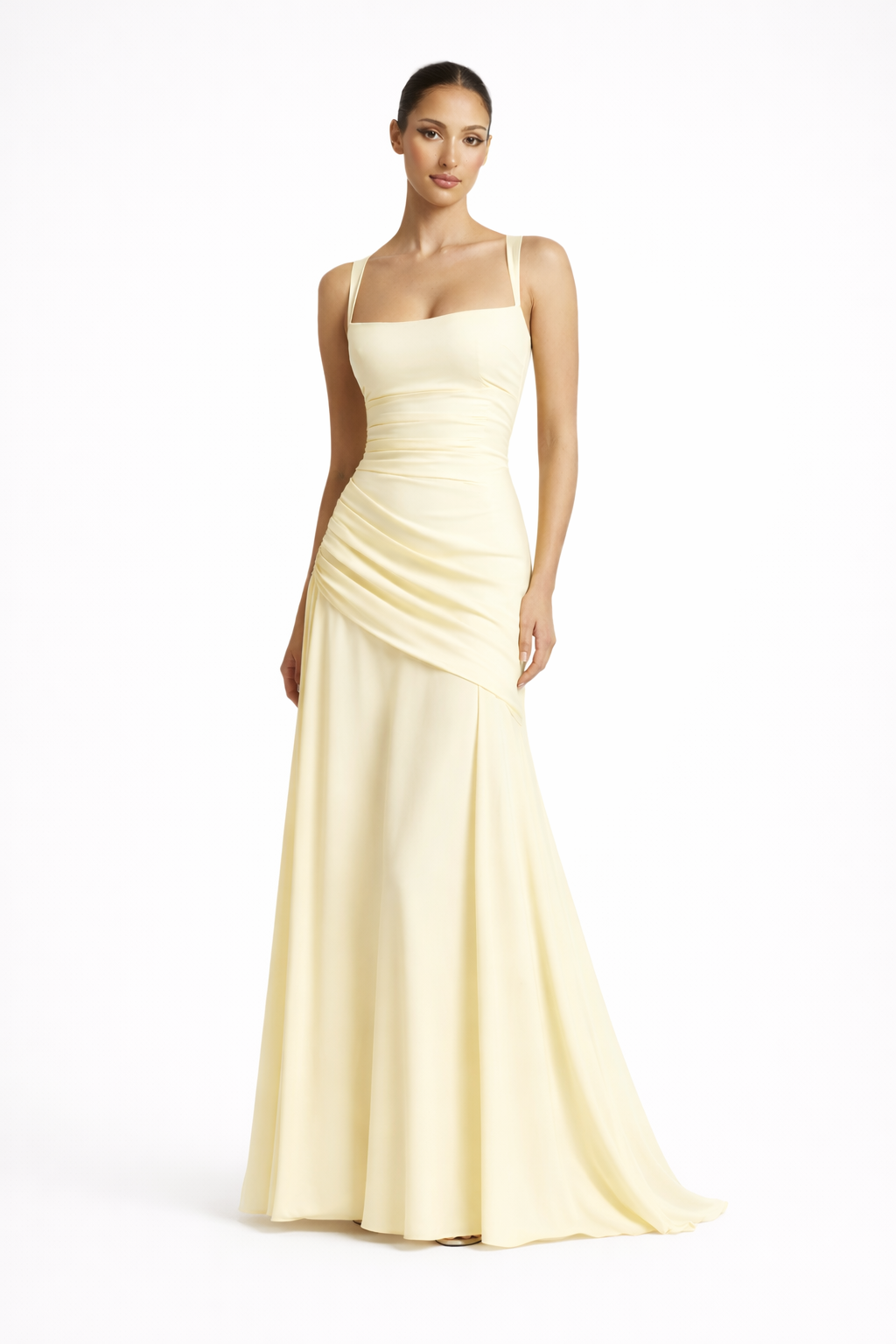 Elegant women's square neck maxi wedding guest dress with a flattering ruched waist, perfect for formal occasions.