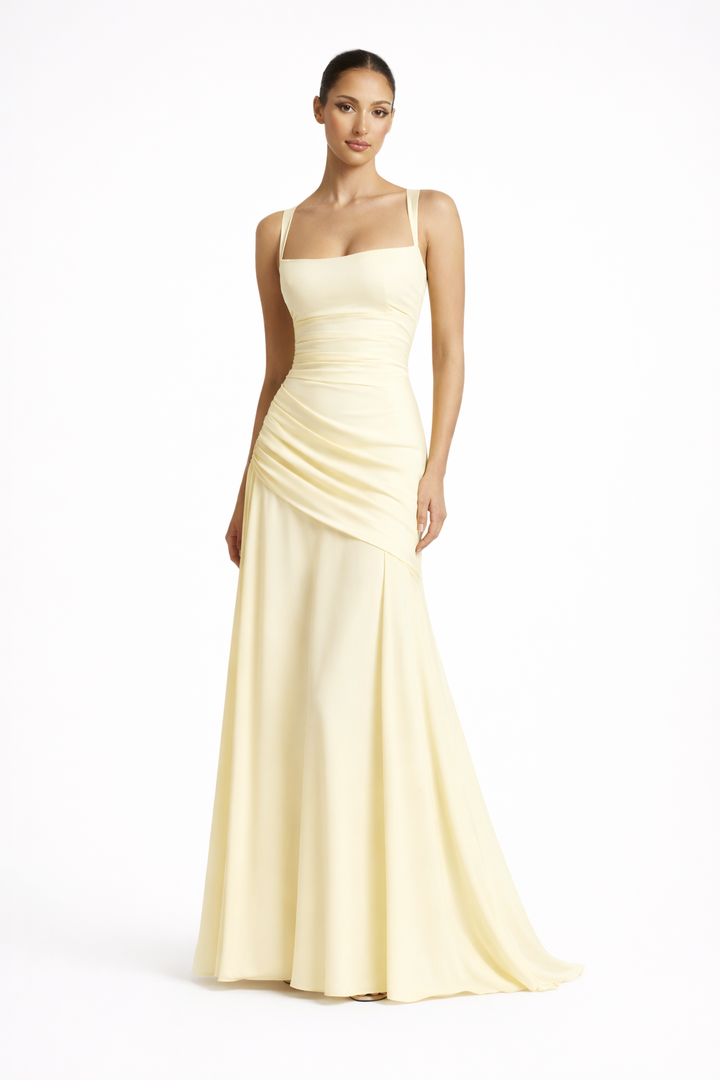 Elegant women's square neck maxi wedding guest dress with a flattering ruched waist, perfect for formal occasions.