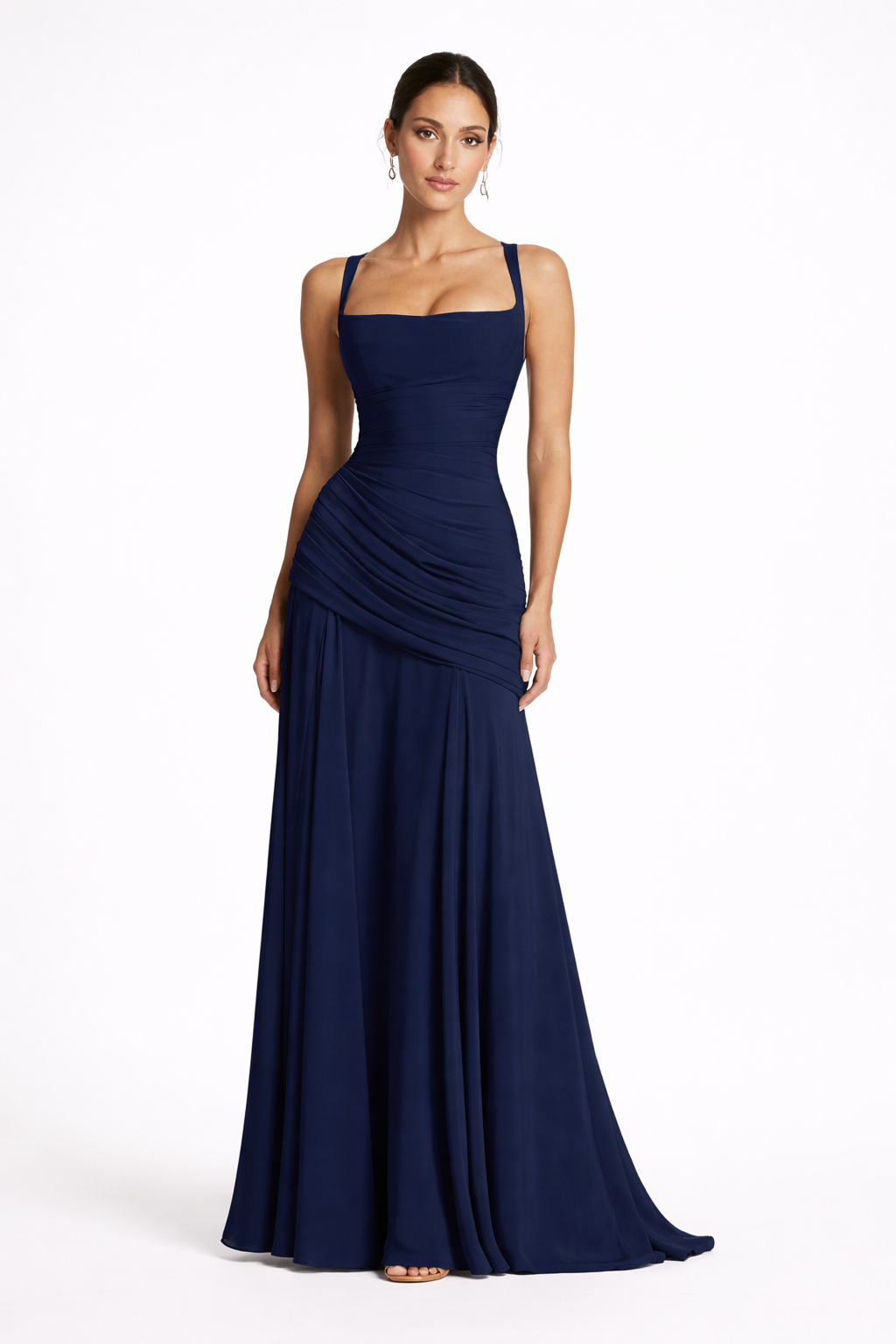 Chic women's square neck evening maxi dress, featuring a sophisticated ruched waist detail for an elegant look.