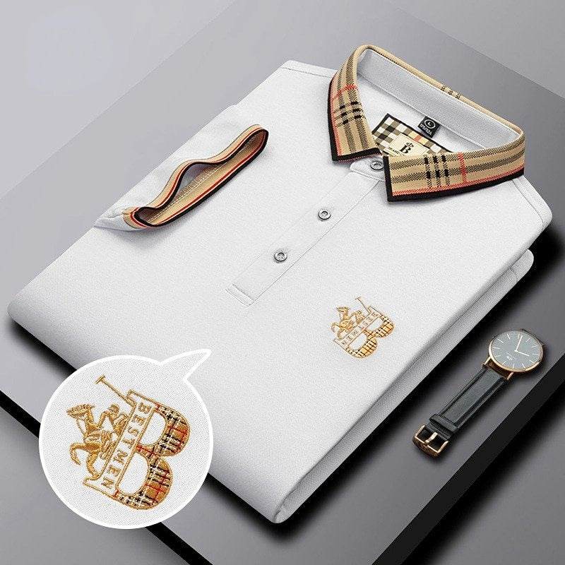 Men's striped classic polo shirt, a versatile short sleeve collared top for smart casual & comfort.