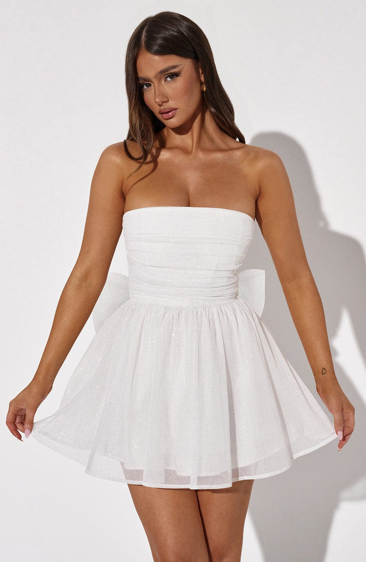 Elegant women's strapless A-line mini party cocktail dress. Perfect short formal evening wear for guests.
