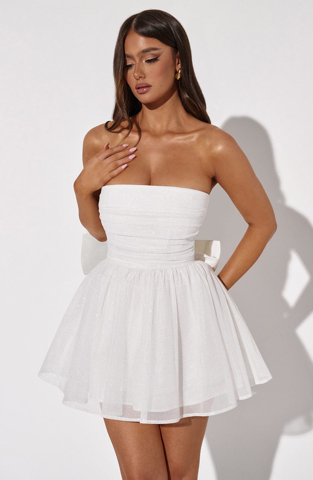Stylish A-line strapless mini dress for women. Elegant party wear, short and flattering for celebrations.