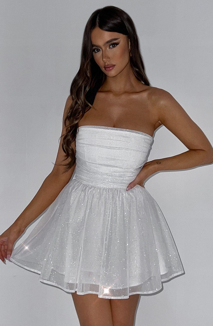 Elegant A-line strapless mini party dress for women, perfect for celebrations or wedding guests.
