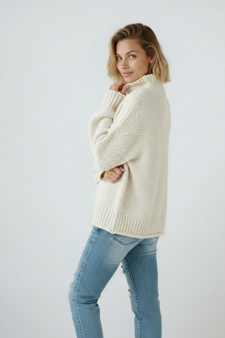 Stylish women's turtleneck sweater with a cozy textured knit, ideal for winter warmth and comfort.