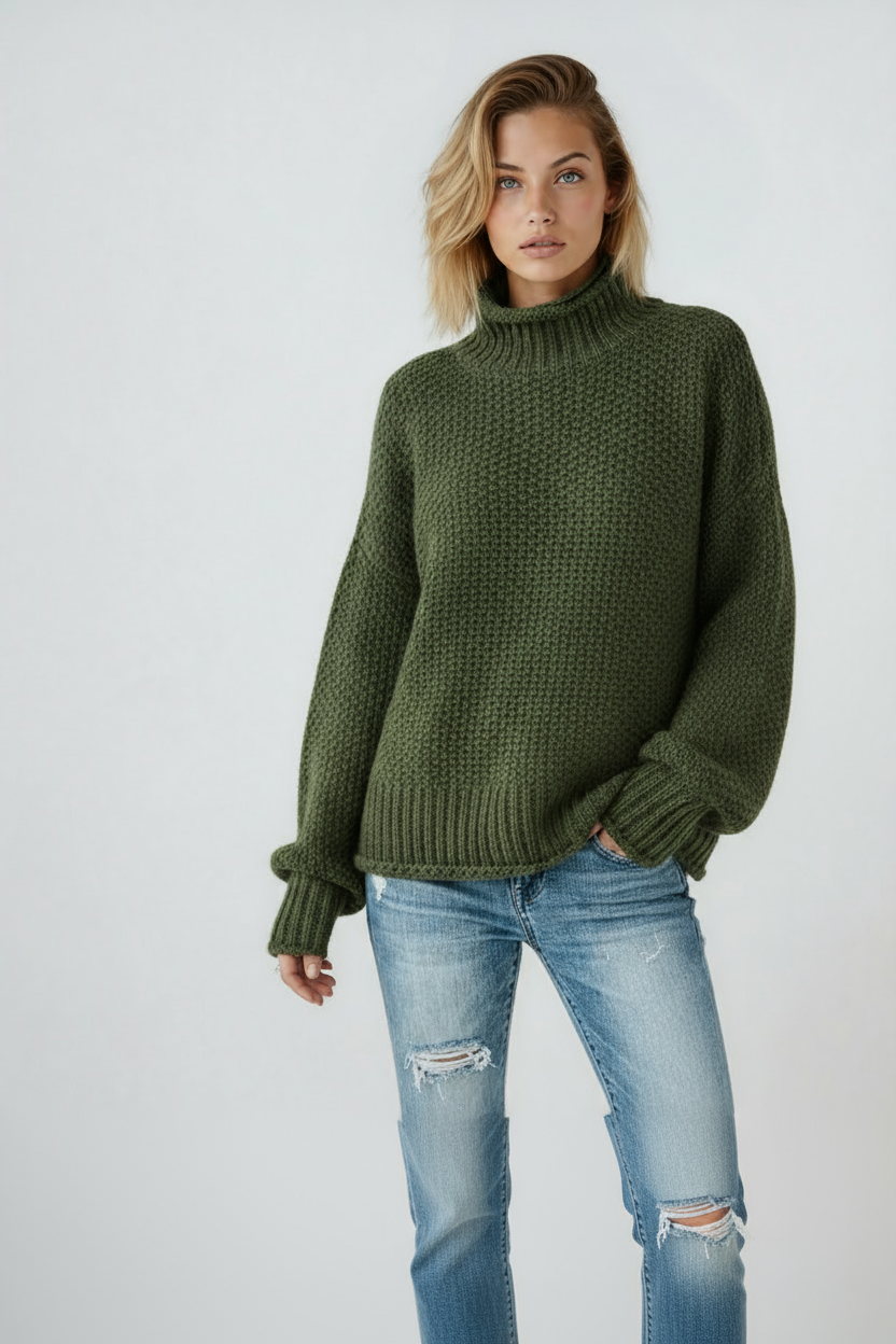 Elegant women's knit jumper, a cozy turtleneck sweater in a fashionable design for cold weather.