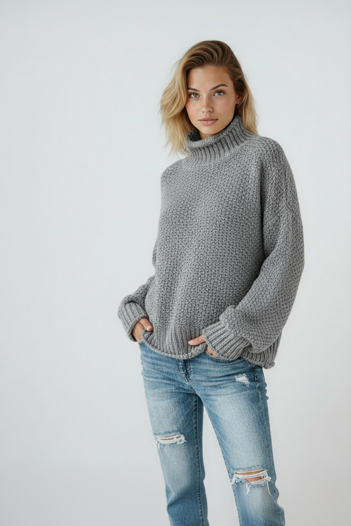 Comfortable women's warm turtleneck knit sweater, a stylish and cozy pullover for relaxed winter wear.