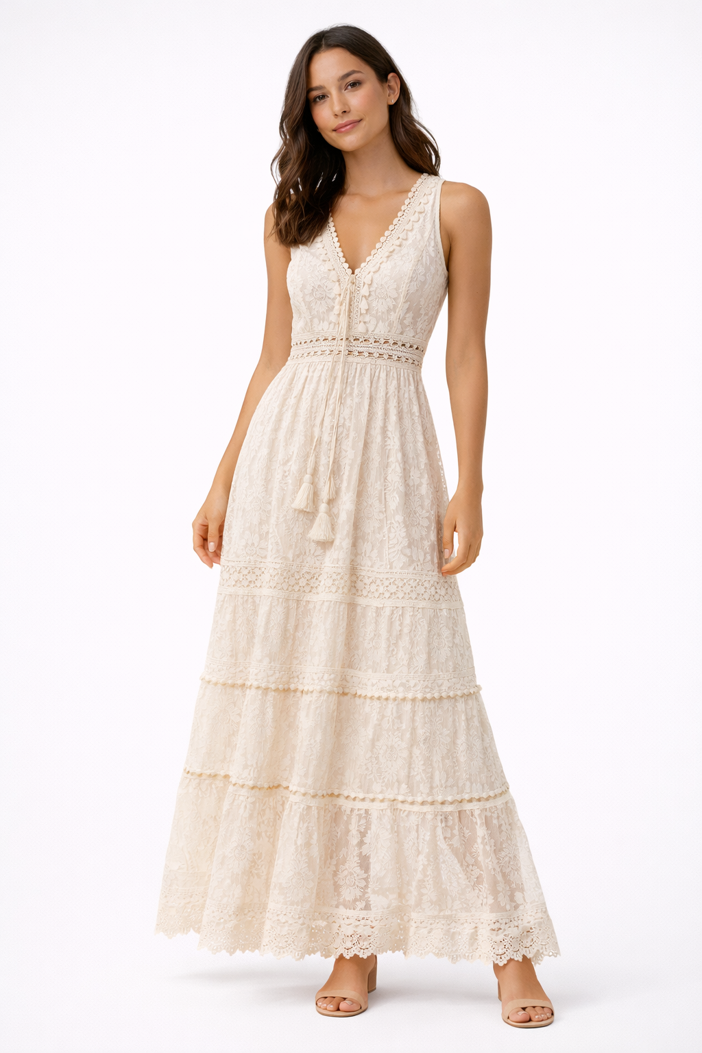 Elegant sleeveless V-neck boho maxi dress for women, perfect as a flowy summer beach or casual holiday outfit.