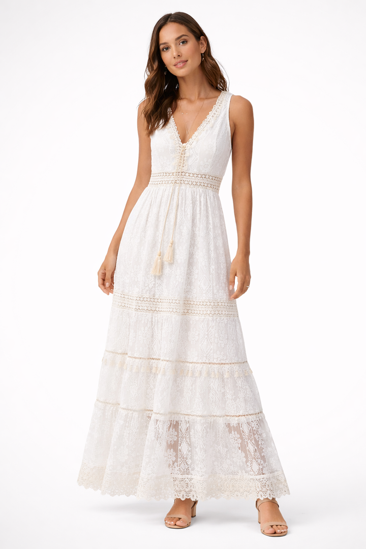 Women's flowing boho maxi beach dress, V-neck, sleeveless, ideal for summer, holidays, and casual wear.