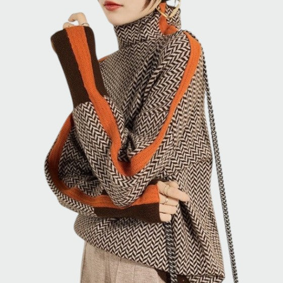 Women's herringbone turtleneck sweater, a chic long sleeve top for casual warmth.