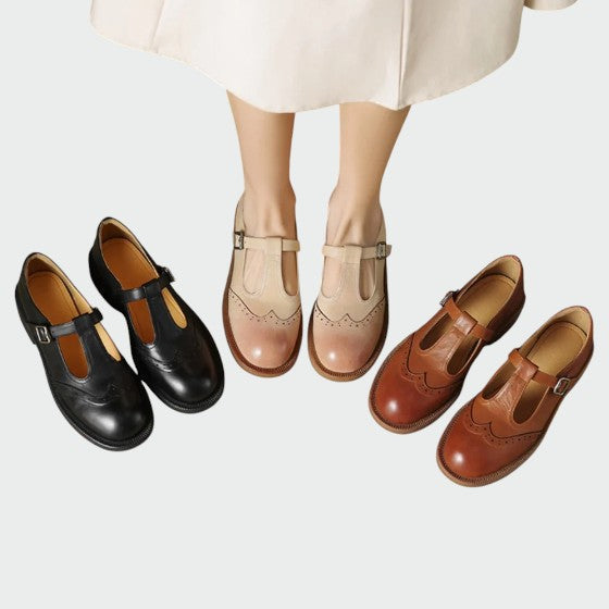 Apricot women's retro Mary Jane flats, comfortable and stylish. Vintage-inspired everyday elegant footwear.