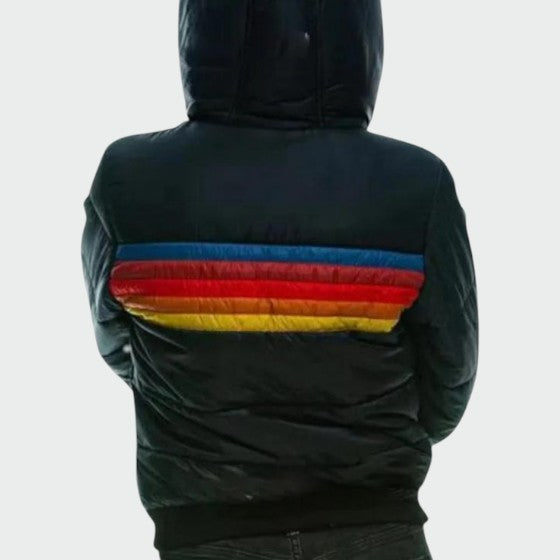 Elegant women's waterproof puffer jacket, providing warmth and protection against rain and cold during winter.