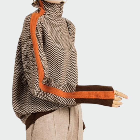 Chic women's patterned herringbone turtleneck sweater made from warm polyester, perfect for cool days.