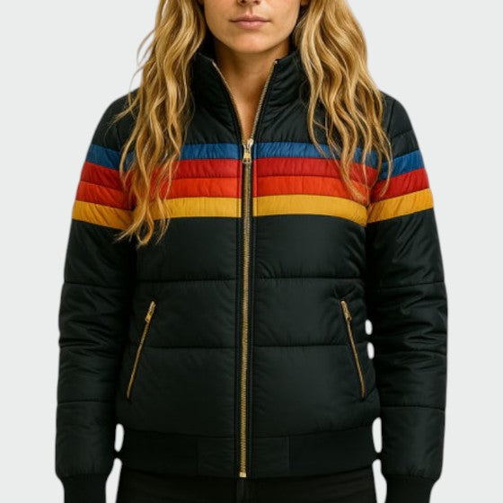 Stylish women's waterproof puffer jacket, a warm winter coat for cold weather & rain, comfortable and chic.
