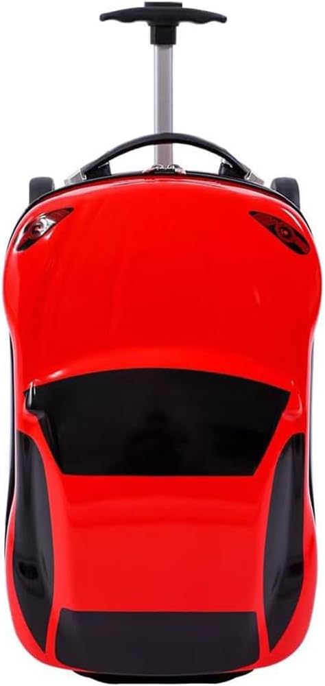 Kids' 18-inch pull-along car suitcase with retractable handle for easy travel.