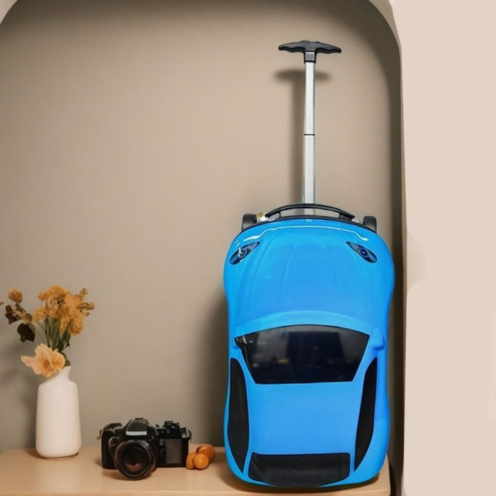 Compact 18-inch kids' luggage shaped like a car, featuring a retractable handle for young travelers.