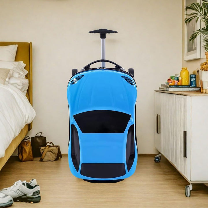 Boys' & girls' 18-inch car suitcase, pull-along design with ergonomic retractable handle.