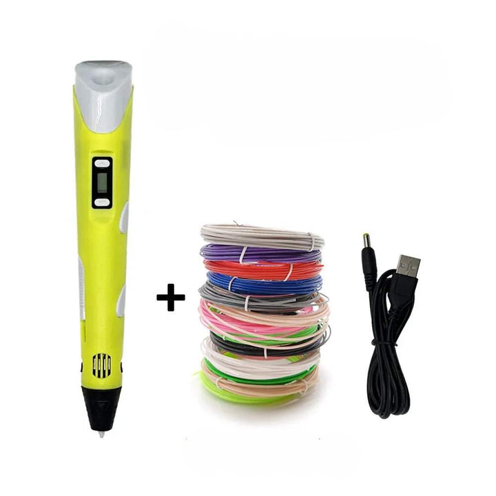 Close-up of a kids' 3D drawing pen with LCD screen, extruding filament for innovative art and craft creations.