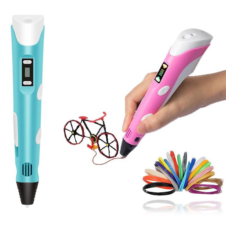 "Kids 3D printing pen with 20 colorful filaments in action, showcasing vibrant creations and easy setup for creativity."