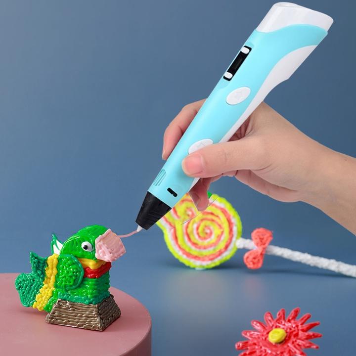 "Kids 3D printing pen with 20 colorful filaments in action, showcasing vibrant creations and easy setup for creativity."