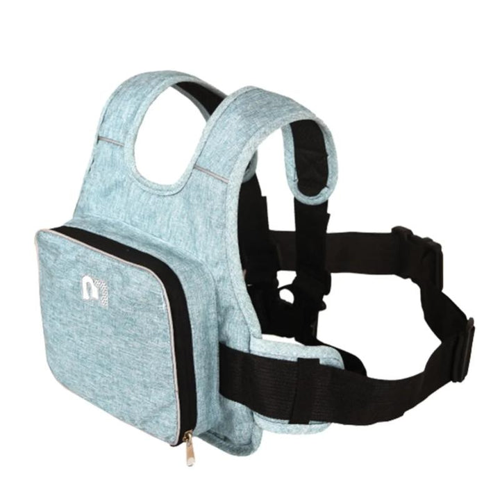 Kids' adjustable motorcycle safety belt in blue, securing a child for safe rides. Protective travel harness.