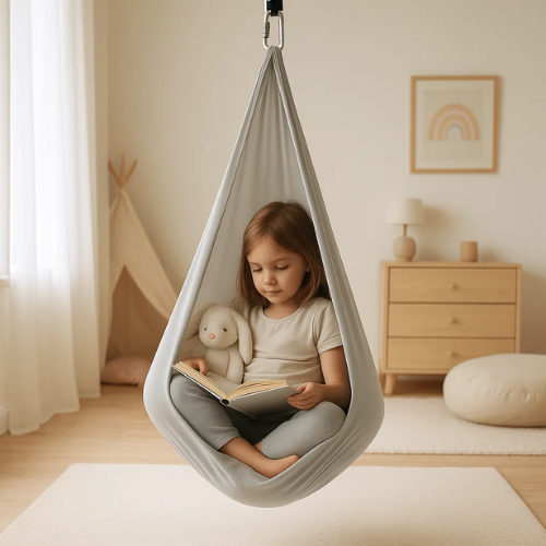 Kids' calming sensory swing hammock, perfect for indoor & outdoor play, provides a comforting, quiet space.