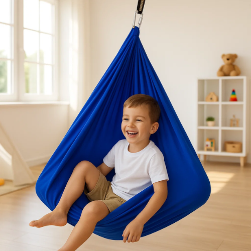 Comfortable kids' sensory hammock swing, ideal for indoor relaxation & outdoor quiet play, promoting calm.