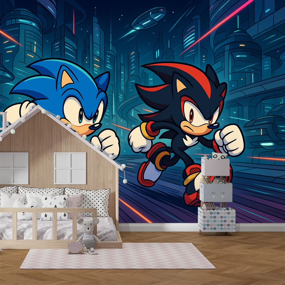 Kids' gaming room cyberpunk city wall mural wallpaper, peel and stick for teenage decor, sci-fi gamer wall art.