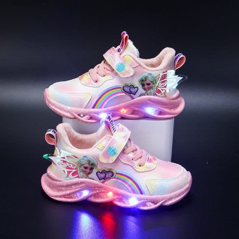 Assortment of colorful GlowStride LED sneakers for kids, showcasing various light-up shoe designs.