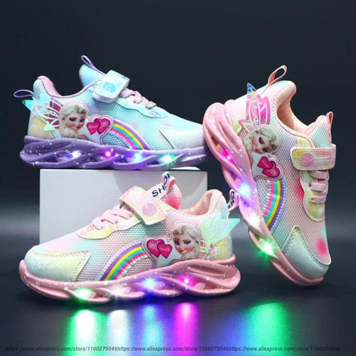 Bright light-up LED sneakers for kids, featuring colorful glowing soles, ideal for active children.