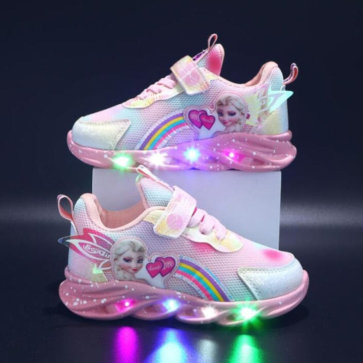 Close-up of a GlowStride LED sneaker sole, showcasing bright, multi-colored light-up features.