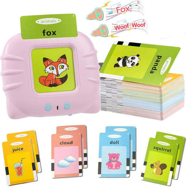 Close-up of kids' interactive talking flash card, showcasing animal image & word for preschool vocabulary building.