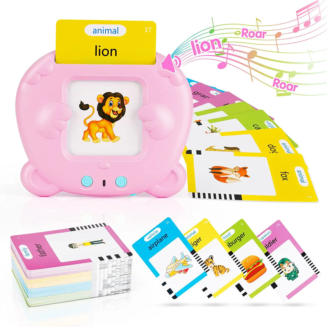 Kids' interactive talking flash card set, in bright packaging. Ideal screen-free educational toy for early development.