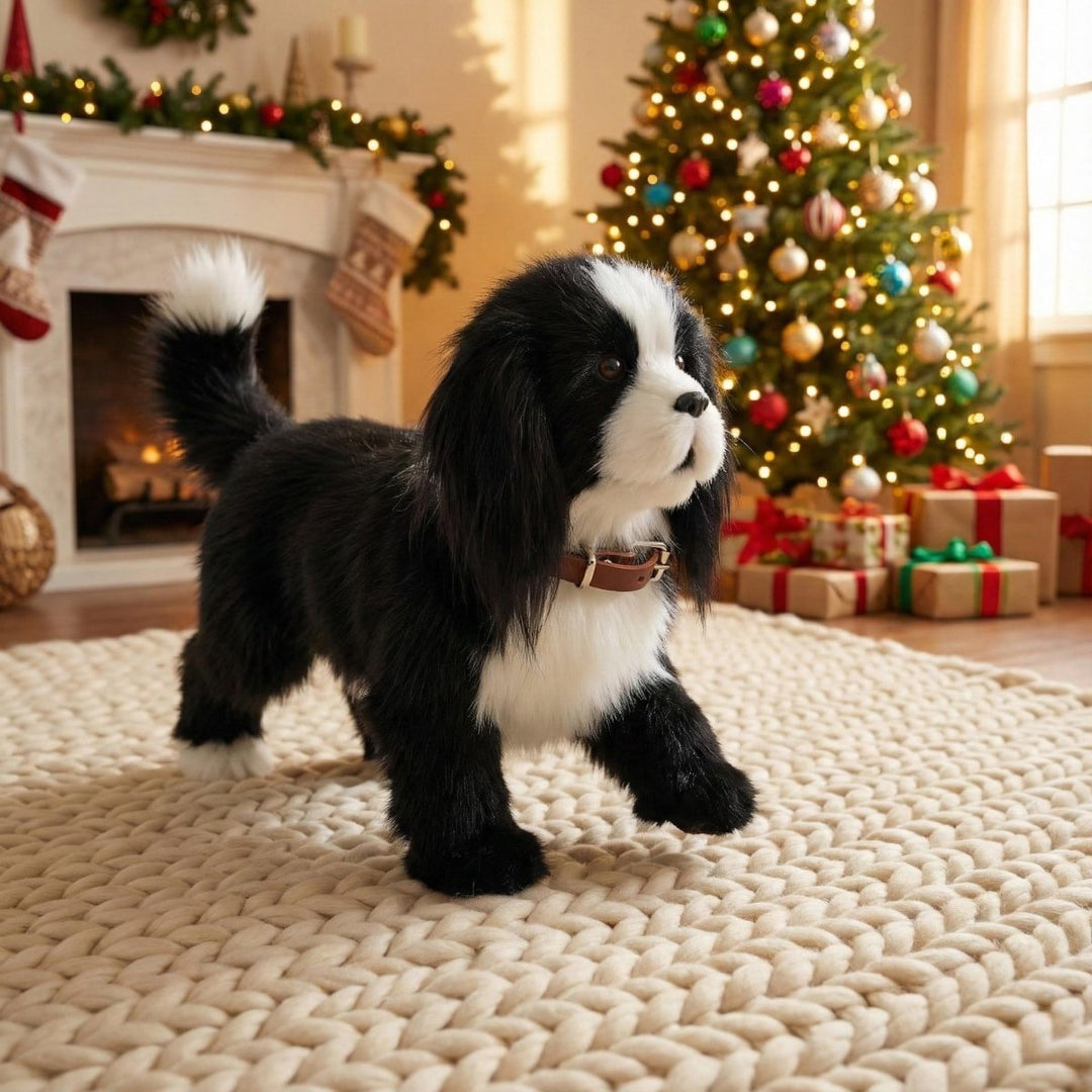 Soft plush interactive toy dog for kids. This electronic puppy walks, barks, & encourages imaginative play.