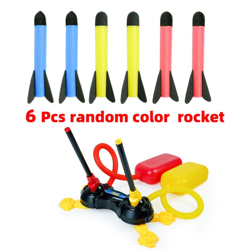 Unisex kids enjoying an air rocket launcher toy, sending foam rockets flying for active outdoor summer fun.