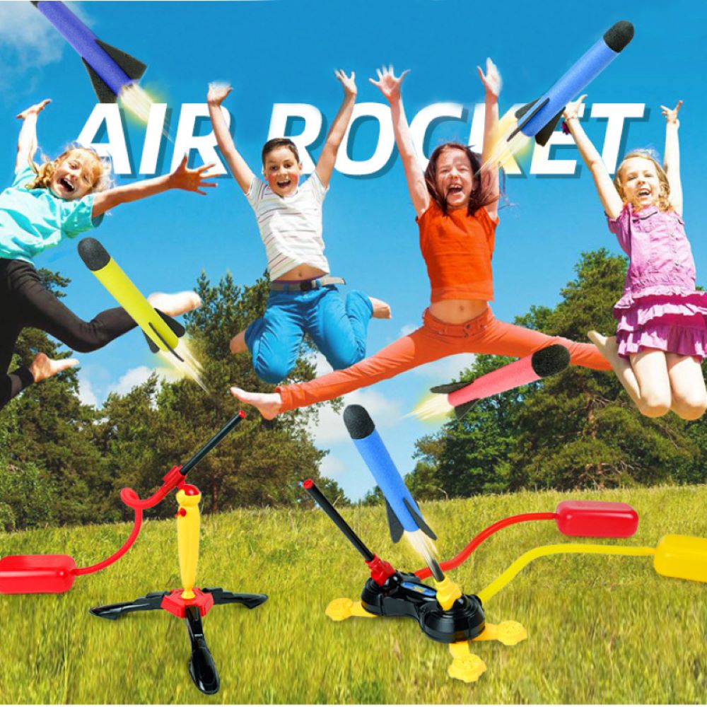 Brightly colored foam rockets with a kids' air rocket launcher set, perfect outdoor flying toy and STEM gift.