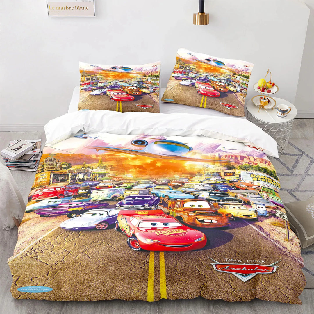 Full Lightning McQueen Cars movie themed bedding set, including a duvet cover for an adventurous child's room.