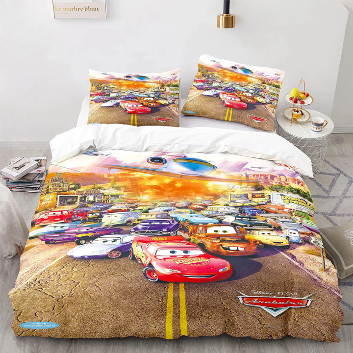 Full Lightning McQueen Cars movie themed bedding set, including a duvet cover for an adventurous child's room.