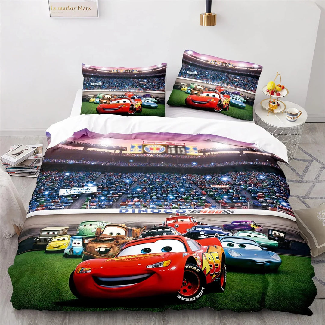 Detailed view of Lightning McQueen on a colorful Cars movie duvet cover for a vibrant children's bedroom.