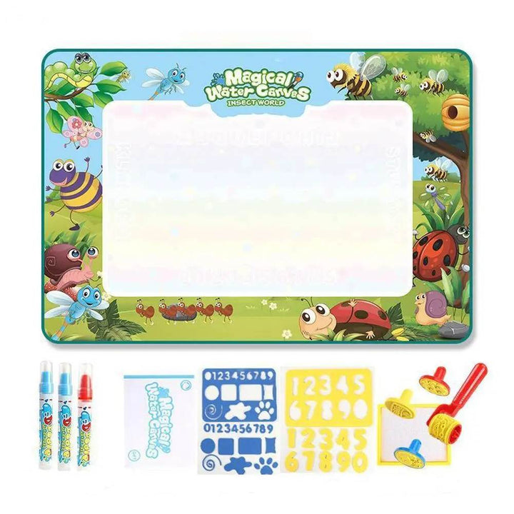 Child using a Magic Water Doodle Mat, encouraging creative play & development without mess for young artists.