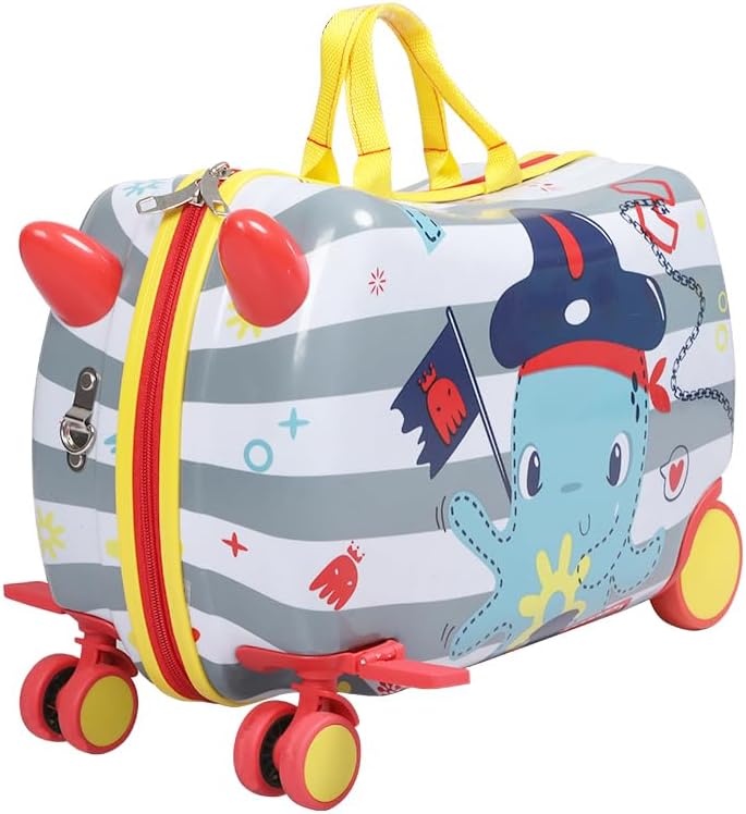 Kids octopus ride-on scooter suitcase with 360° wheels for fun toddler travel and airport adventures.