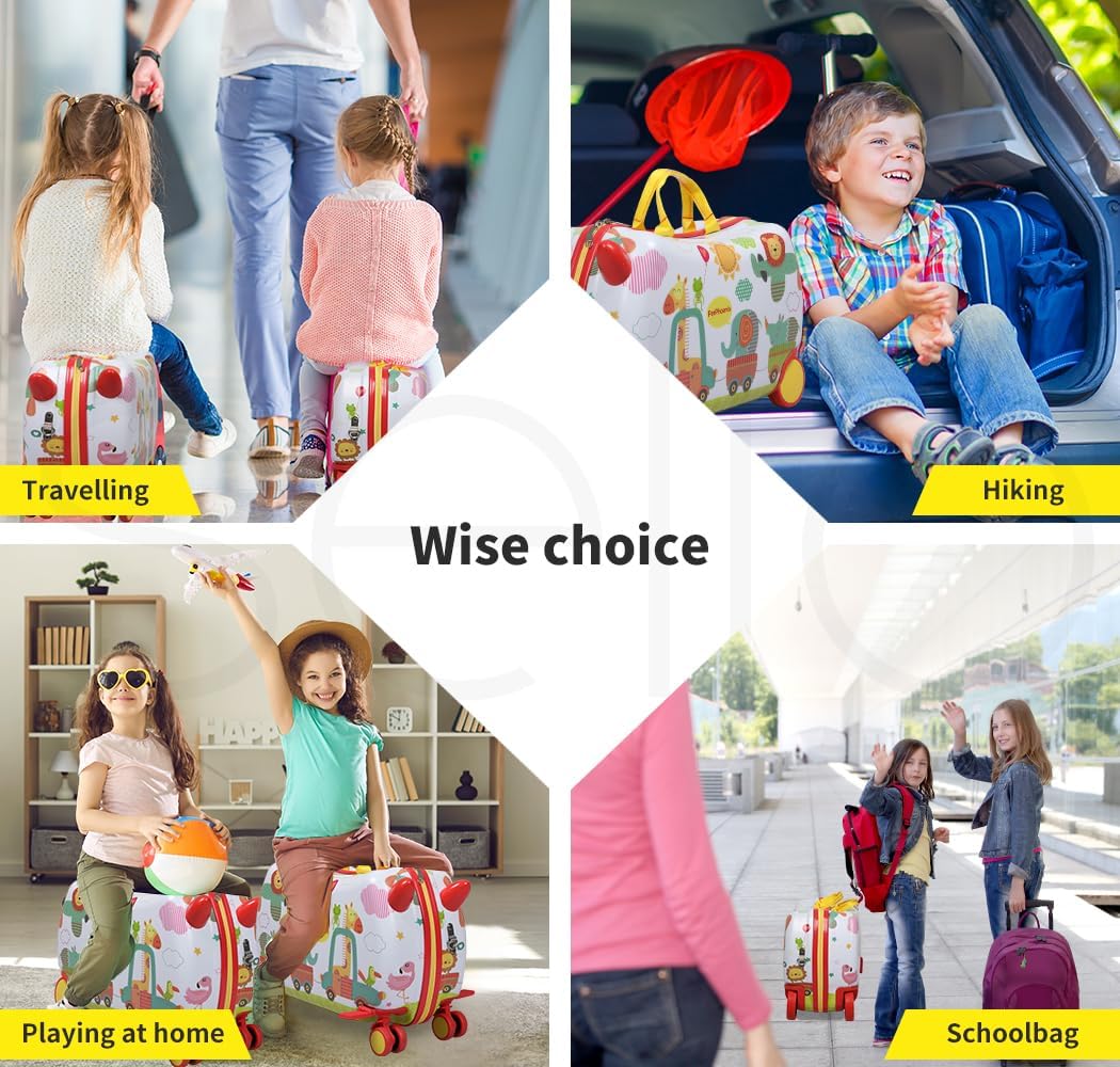 Interactive kids travel: octopus ride-on suitcase with 360° spinning wheels for airport fun.