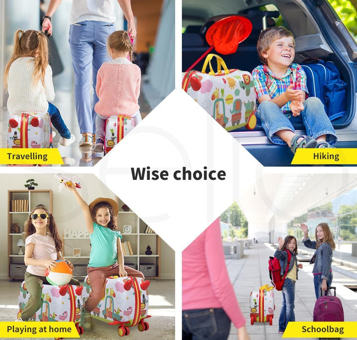 Interactive kids travel: octopus ride-on suitcase with 360° spinning wheels for airport fun.