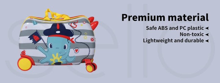 Cute octopus design ride-on carry-on suitcase for kids, featuring agile 360-degree rotating wheels.