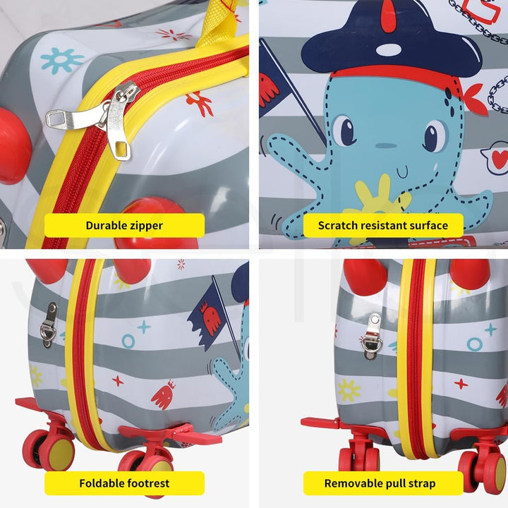 Toddler travel gear: ride-on scooter suitcase with vibrant octopus pattern & omnidirectional wheels.