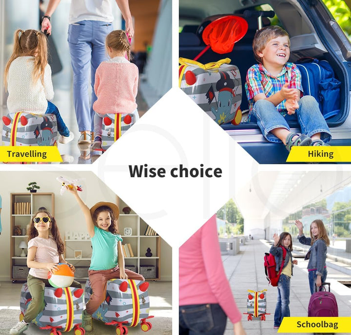 Octopus themed children's wheeled suitcase, doubling as a ride-on scooter with full 360° mobility.