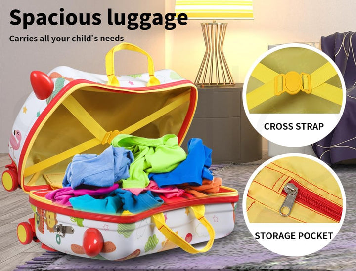 Bright octopus pattern ride-on suitcase for kids, featuring easy-rolling 360° wheels.