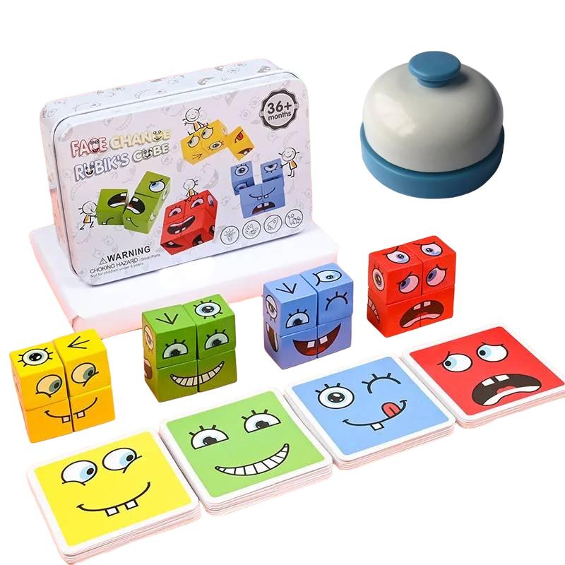 Kids playing with colorful wooden face changing blocks board game, building expressions and shapes.